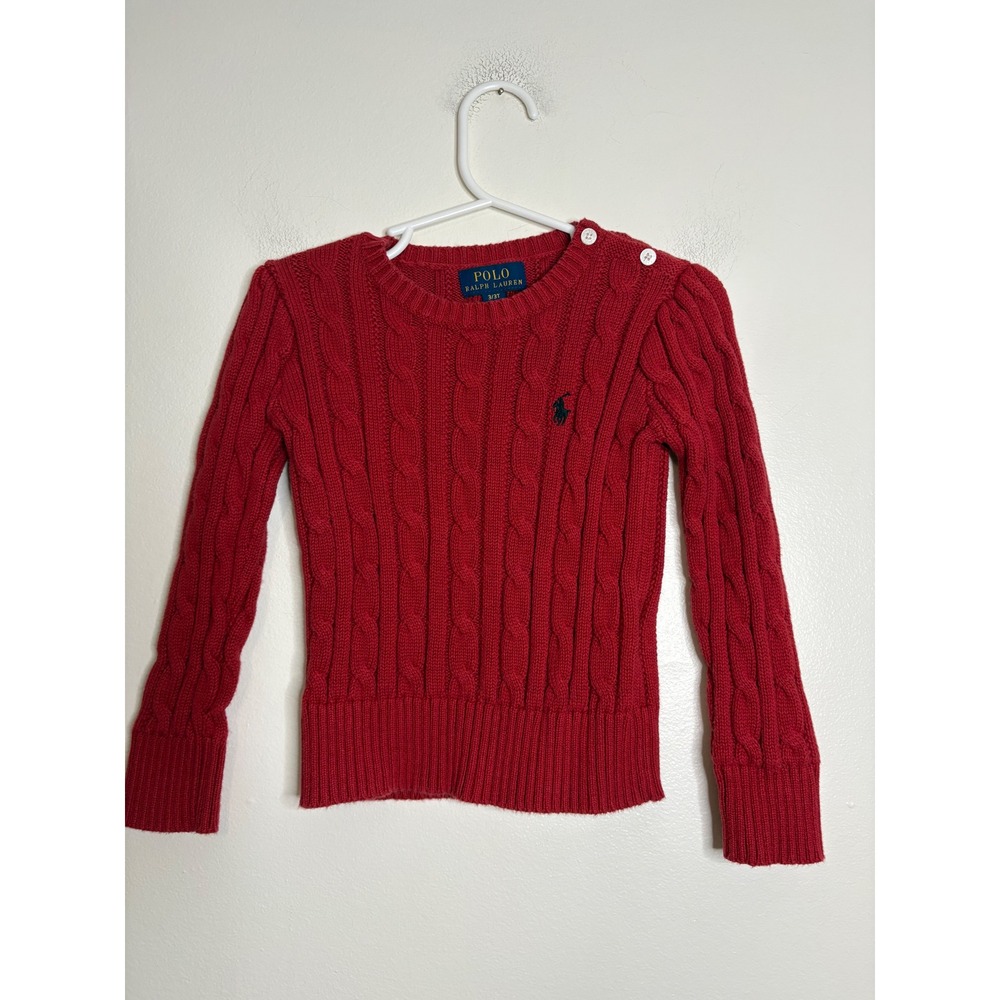 Polo Ralph Lauren Kids Red Cable Knit Cotton Sweater Shoulder Buttons 3/3T